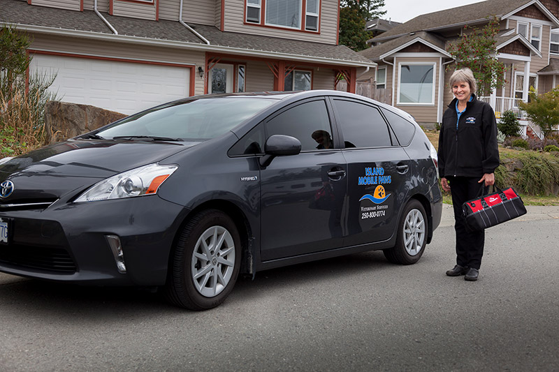 Donna beside the company car
